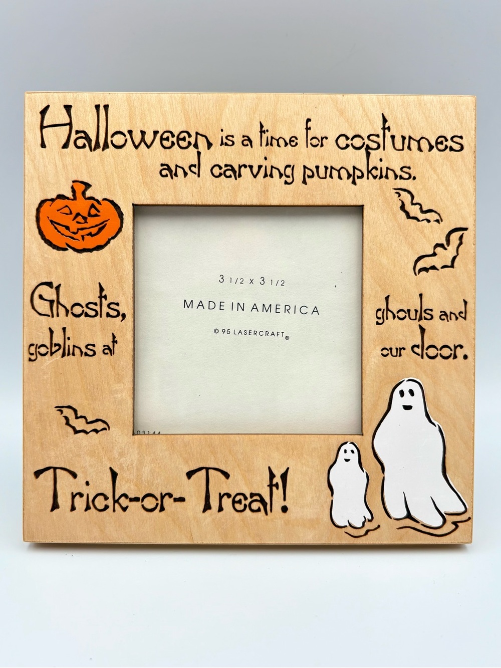 Wooden Halloween Photo Frame with Orange Pumpkin and White Ghosts